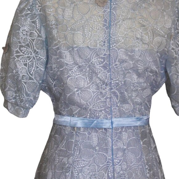 Light blue lace midi dress with tie on neck bow - Picture 3 of 4